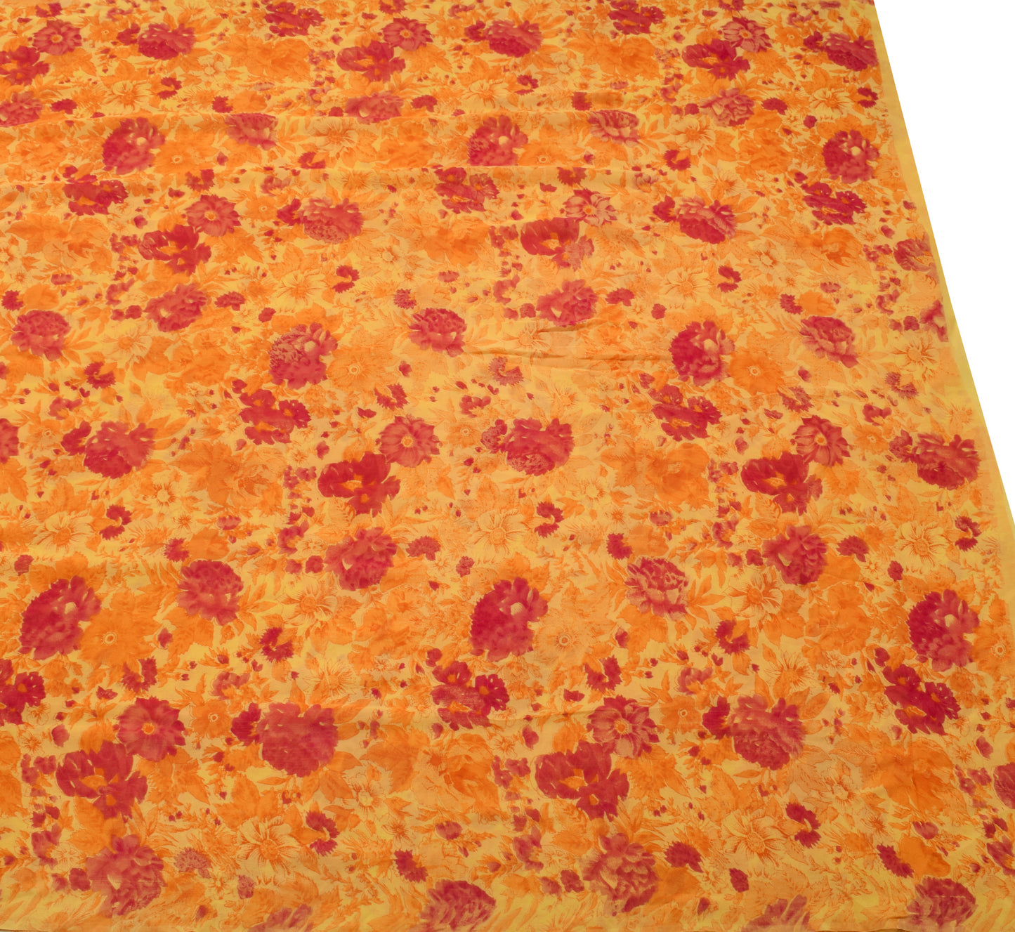 Sushila Vintage Yellow Saree 100%Pure Georgette Silk Printed Floral Craft Fabric