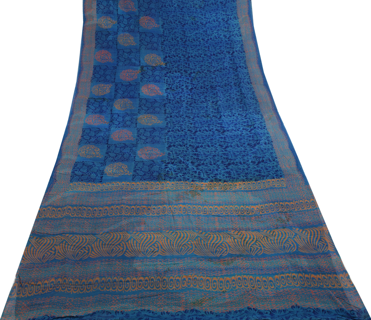 Sushila Vintage Blue Saree 100% Pure Georgette Silk Printed Floral Craft Fabric