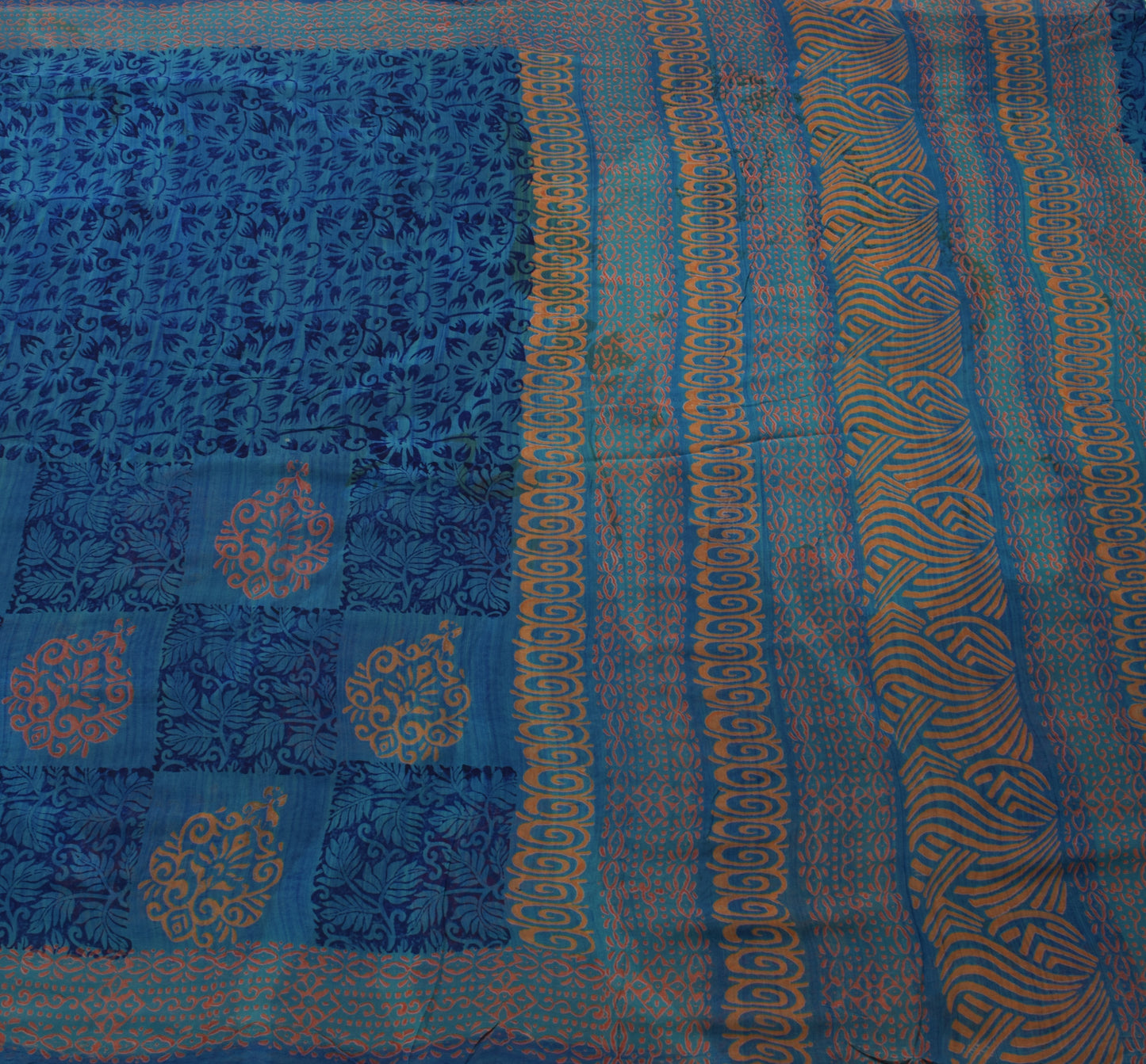 Sushila Vintage Blue Saree 100% Pure Georgette Silk Printed Floral Craft Fabric