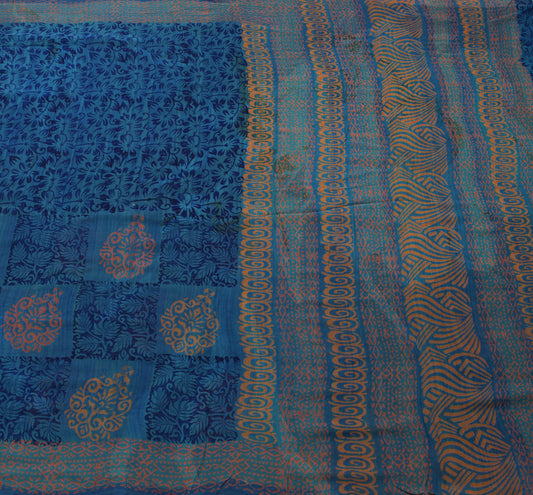 Sushila Vintage Blue Saree 100% Pure Georgette Silk Printed Floral Craft Fabric