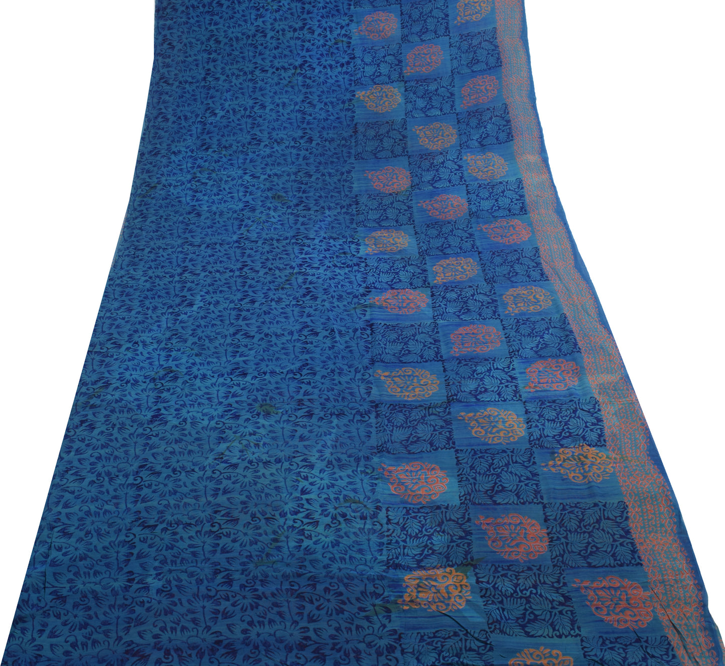 Sushila Vintage Blue Saree 100% Pure Georgette Silk Printed Floral Craft Fabric