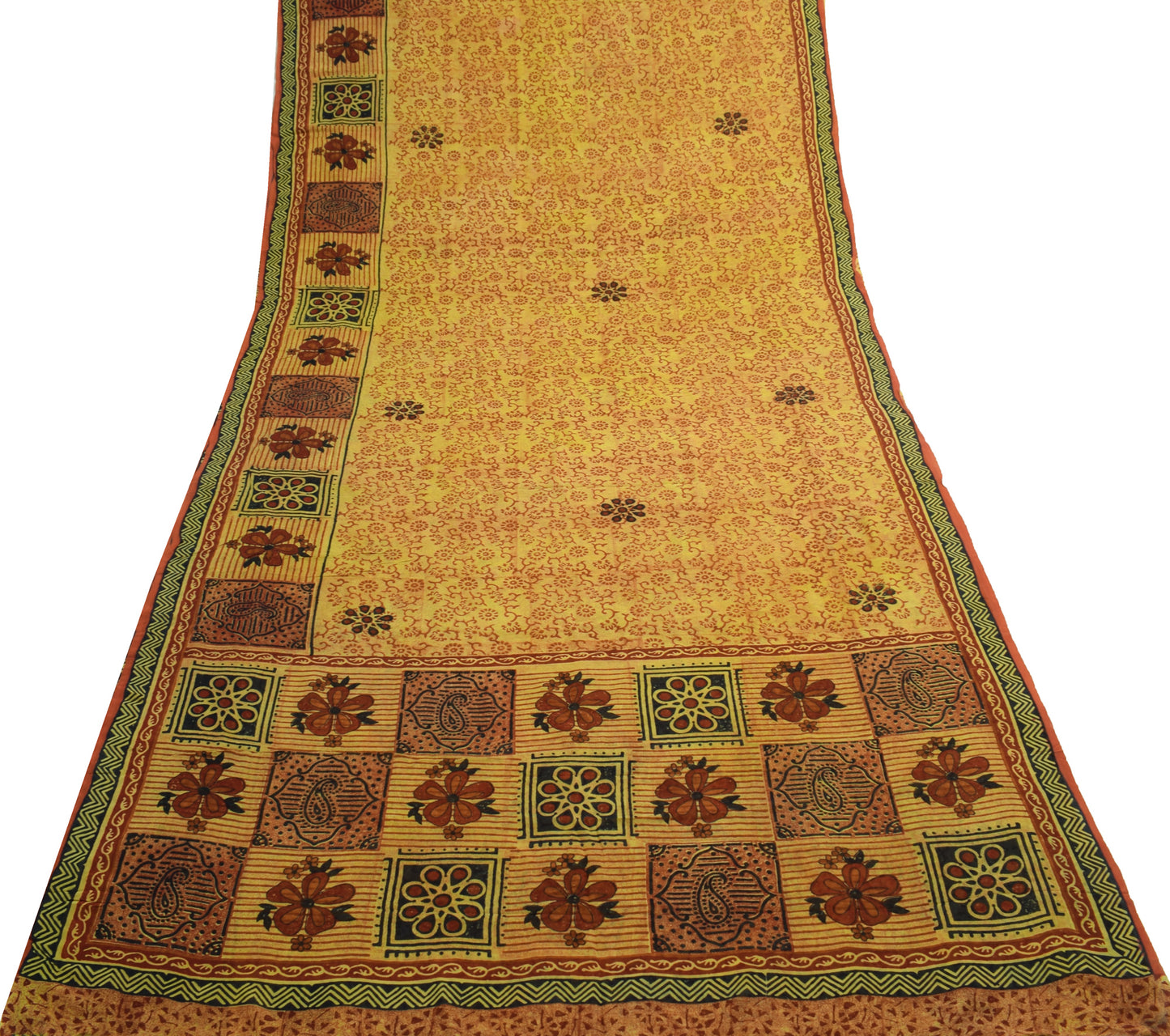 Sushila Vintage Yellow Saree 100%Pure Georgette Silk Floral Printed Craft Fabric