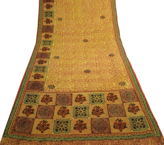 Sushila Vintage Yellow Saree 100%Pure Georgette Silk Floral Printed Craft Fabric