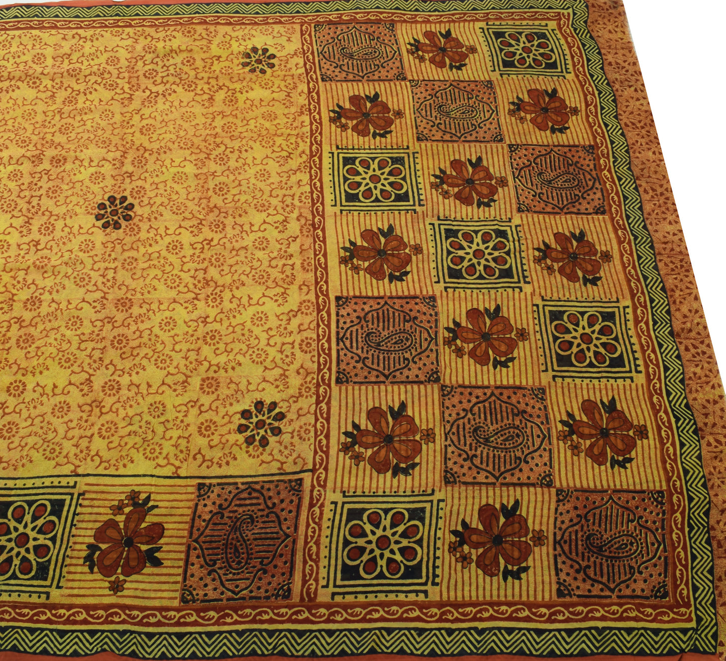 Sushila Vintage Yellow Saree 100%Pure Georgette Silk Floral Printed Craft Fabric