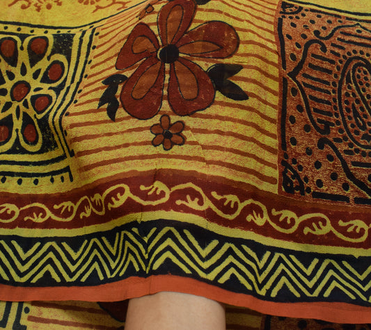 Sushila Vintage Yellow Saree 100%Pure Georgette Silk Floral Printed Craft Fabric
