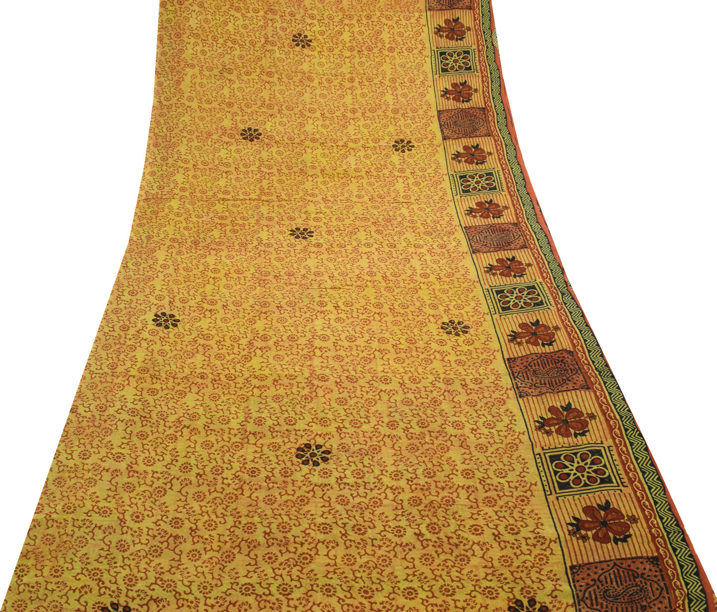 Sushila Vintage Yellow Saree 100%Pure Georgette Silk Floral Printed Craft Fabric