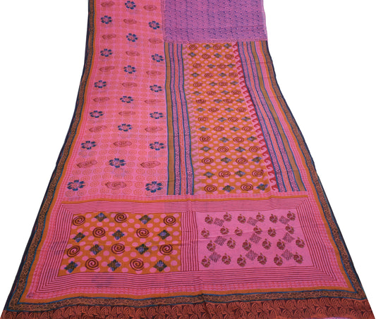 Sushila Vintage Pink Saree 100% Pure Georgette Silk Printed Floral Craft Fabric