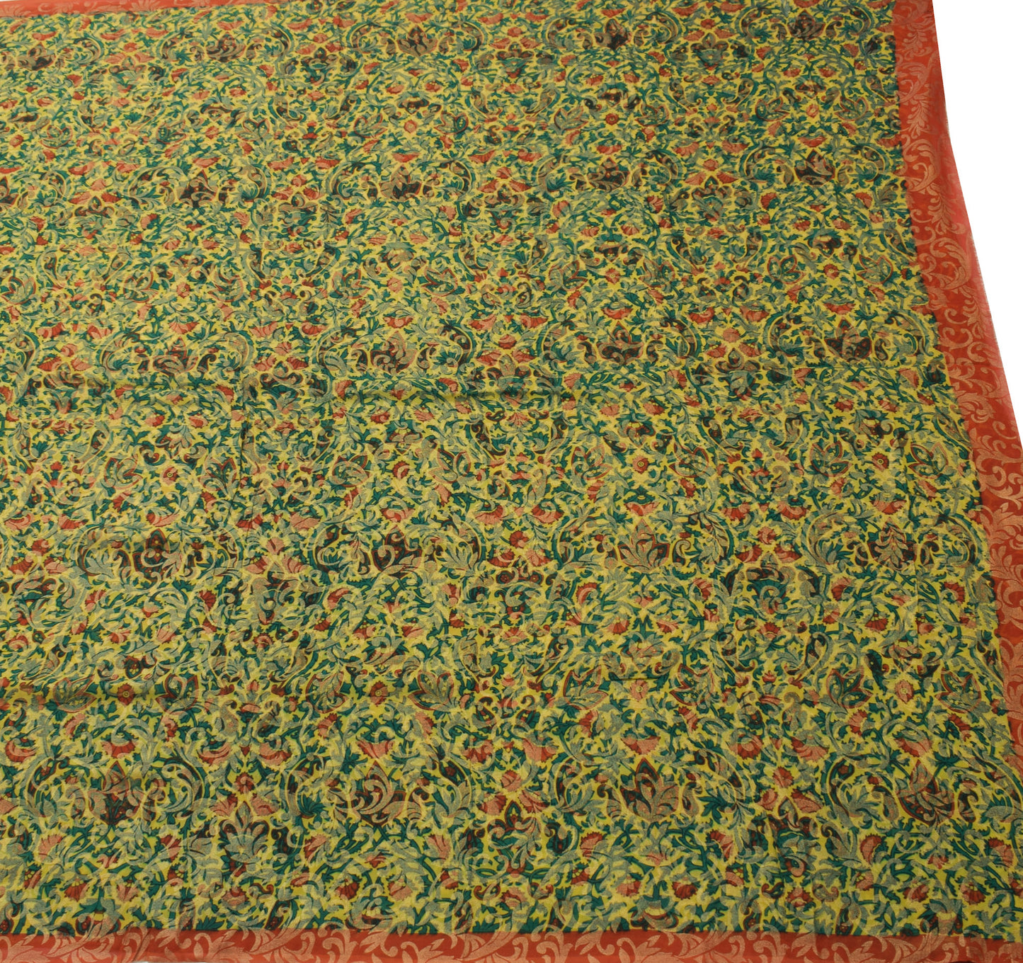 Sushila Vintage Saree 100%Pure Georgette Silk Printed Yellow Floral Craft Fabric