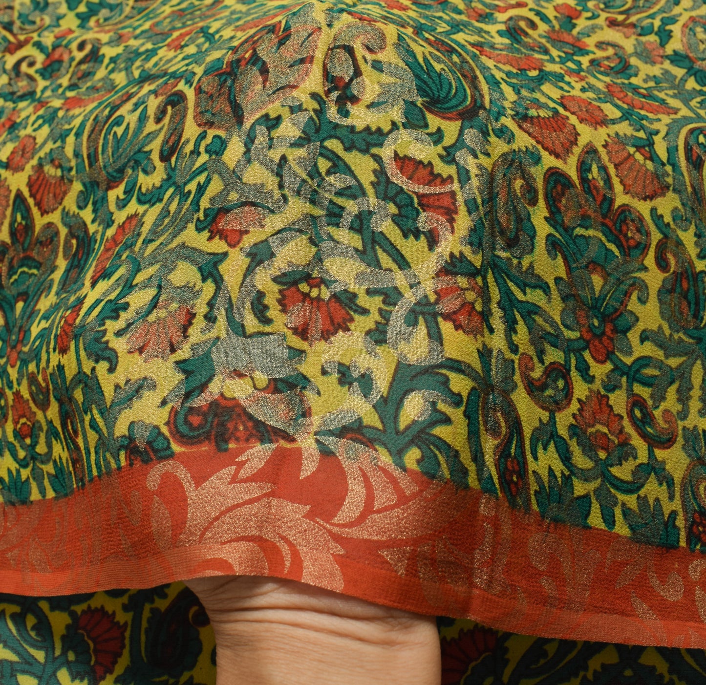 Sushila Vintage Saree 100%Pure Georgette Silk Printed Yellow Floral Craft Fabric