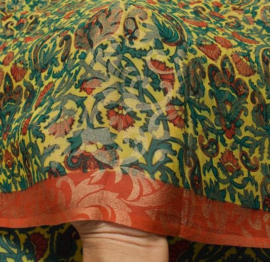 Sushila Vintage Saree 100%Pure Georgette Silk Printed Yellow Floral Craft Fabric