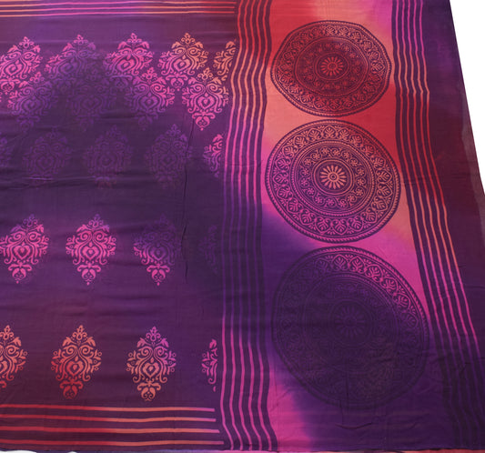Sushila Vintage Purple Saree 100%Pure Georgette Silk Printed Floral Craft Fabric