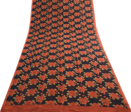 Sushila Vintage Saree 100% Pure Georgette Silk Printed Black Floral Craft Fabric