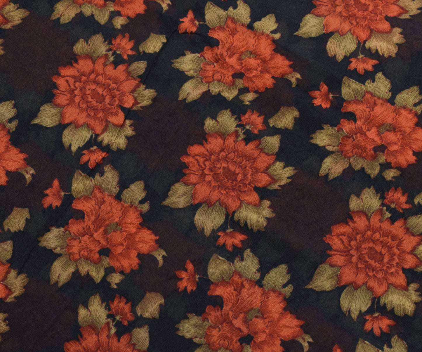 Sushila Vintage Saree 100% Pure Georgette Silk Printed Black Floral Craft Fabric