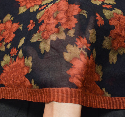 Sushila Vintage Saree 100% Pure Georgette Silk Printed Black Floral Craft Fabric