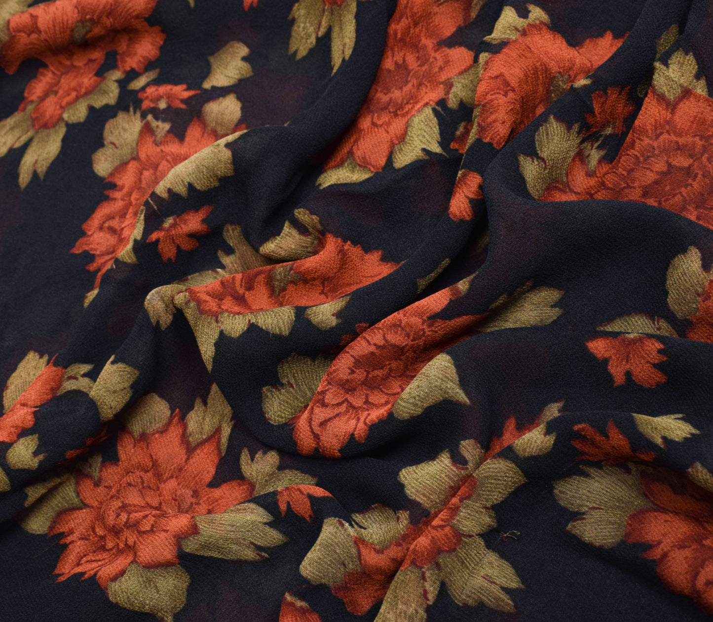 Sushila Vintage Saree 100% Pure Georgette Silk Printed Black Floral Craft Fabric
