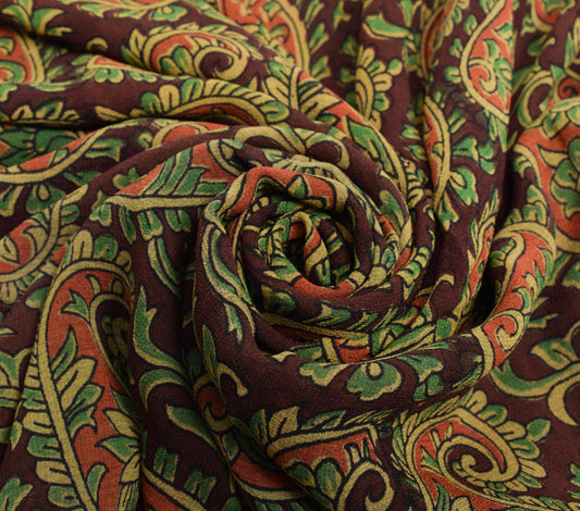 Sushila Vintage Dark Brown Saree 100% Pure Georgette Silk Printed Paisley Fabric
