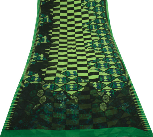 Sushila Vintage Black Saree 100% Pure Georgette Silk Printed Check Craft Fabric