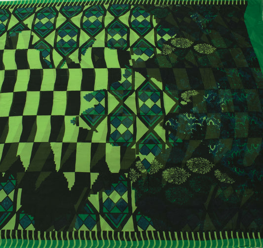 Sushila Vintage Black Saree 100% Pure Georgette Silk Printed Check Craft Fabric