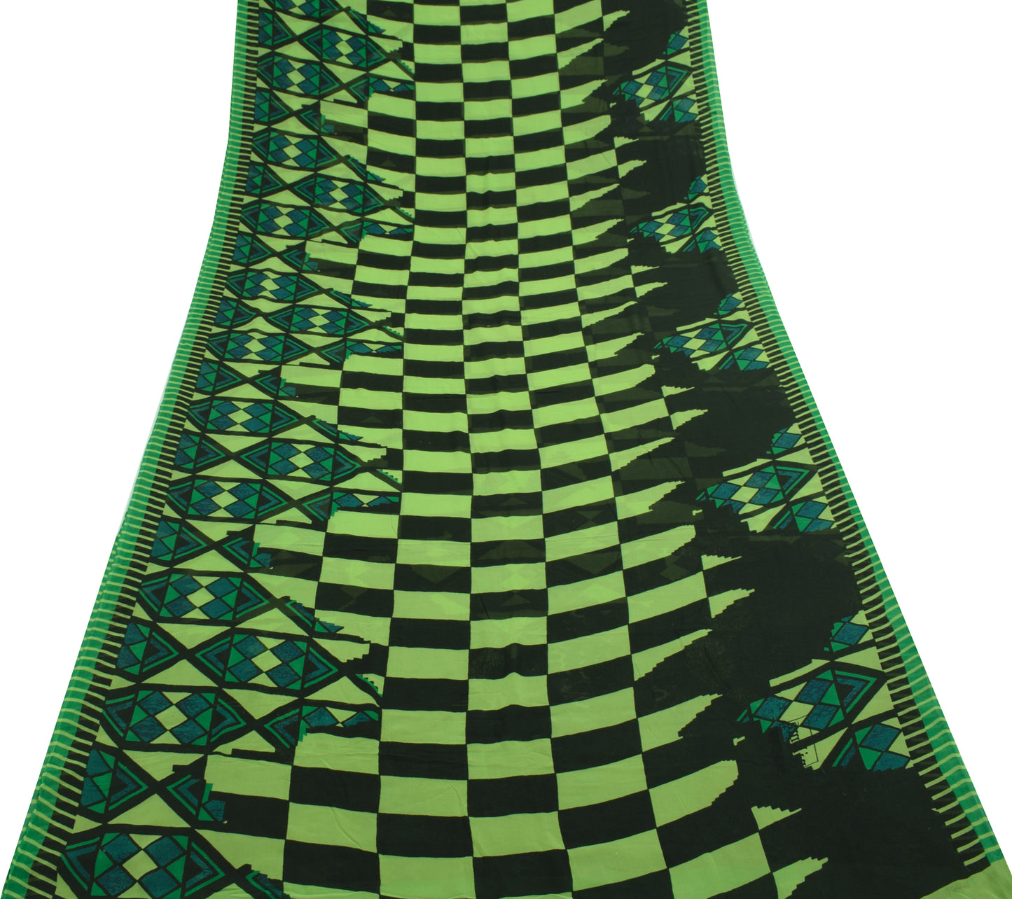 Sushila Vintage Black Saree 100% Pure Georgette Silk Printed Check Craft Fabric