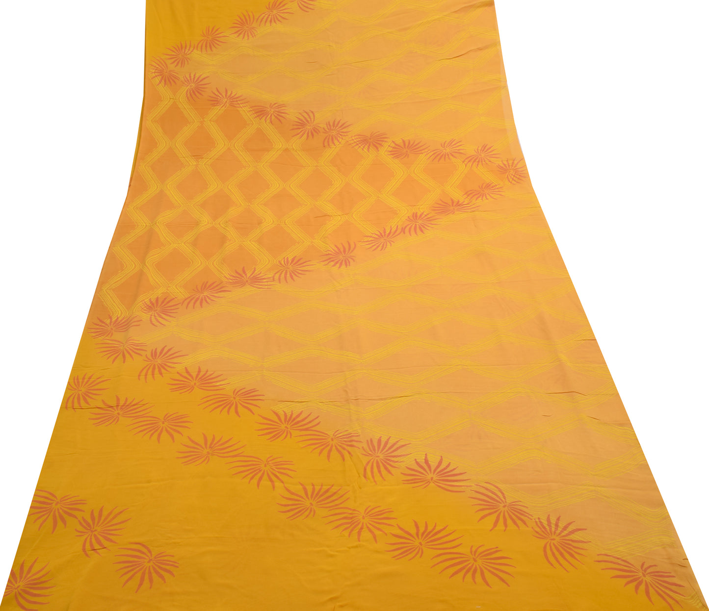 Sushila Vintage Yellow Saree 100%Pure Georgette Silk Printed Floral Craft Fabric