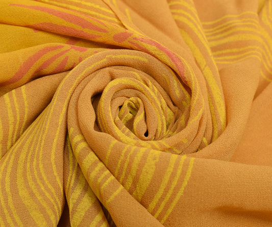 Sushila Vintage Yellow Saree 100%Pure Georgette Silk Printed Floral Craft Fabric