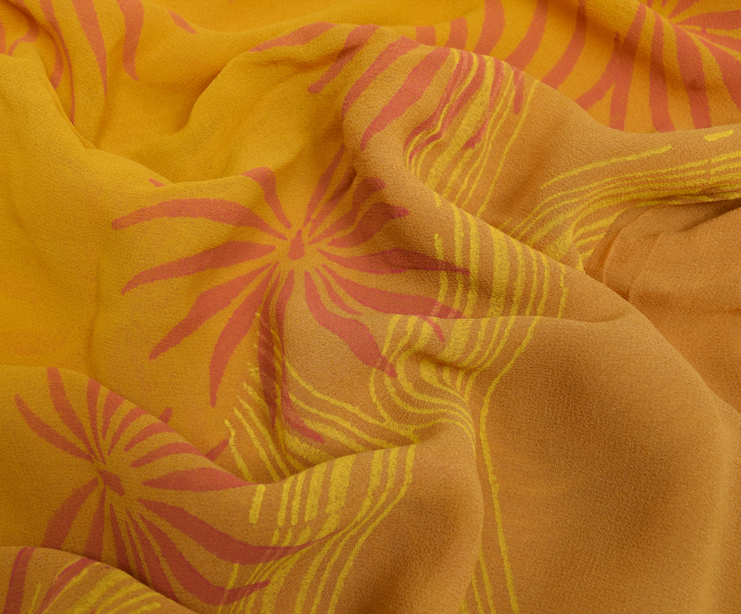 Sushila Vintage Yellow Saree 100%Pure Georgette Silk Printed Floral Craft Fabric