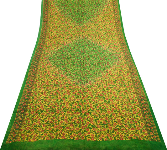 Sushila Vintage Yellow Saree 100%Pure Georgette Silk Printed Floral Craft Fabric