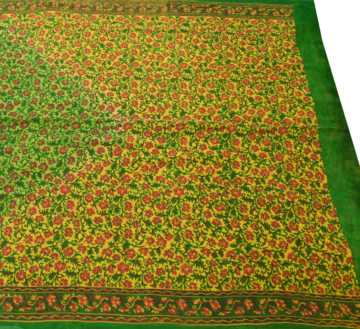 Sushila Vintage Yellow Saree 100%Pure Georgette Silk Printed Floral Craft Fabric
