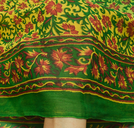 Sushila Vintage Yellow Saree 100%Pure Georgette Silk Printed Floral Craft Fabric