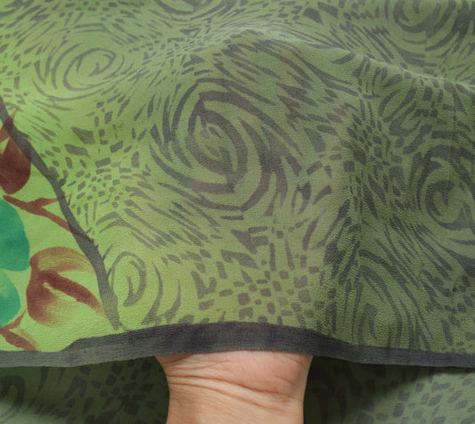 Sushila Vintage Saree 100% Pure Georgette Silk Printed Green Floral Craft Fabric