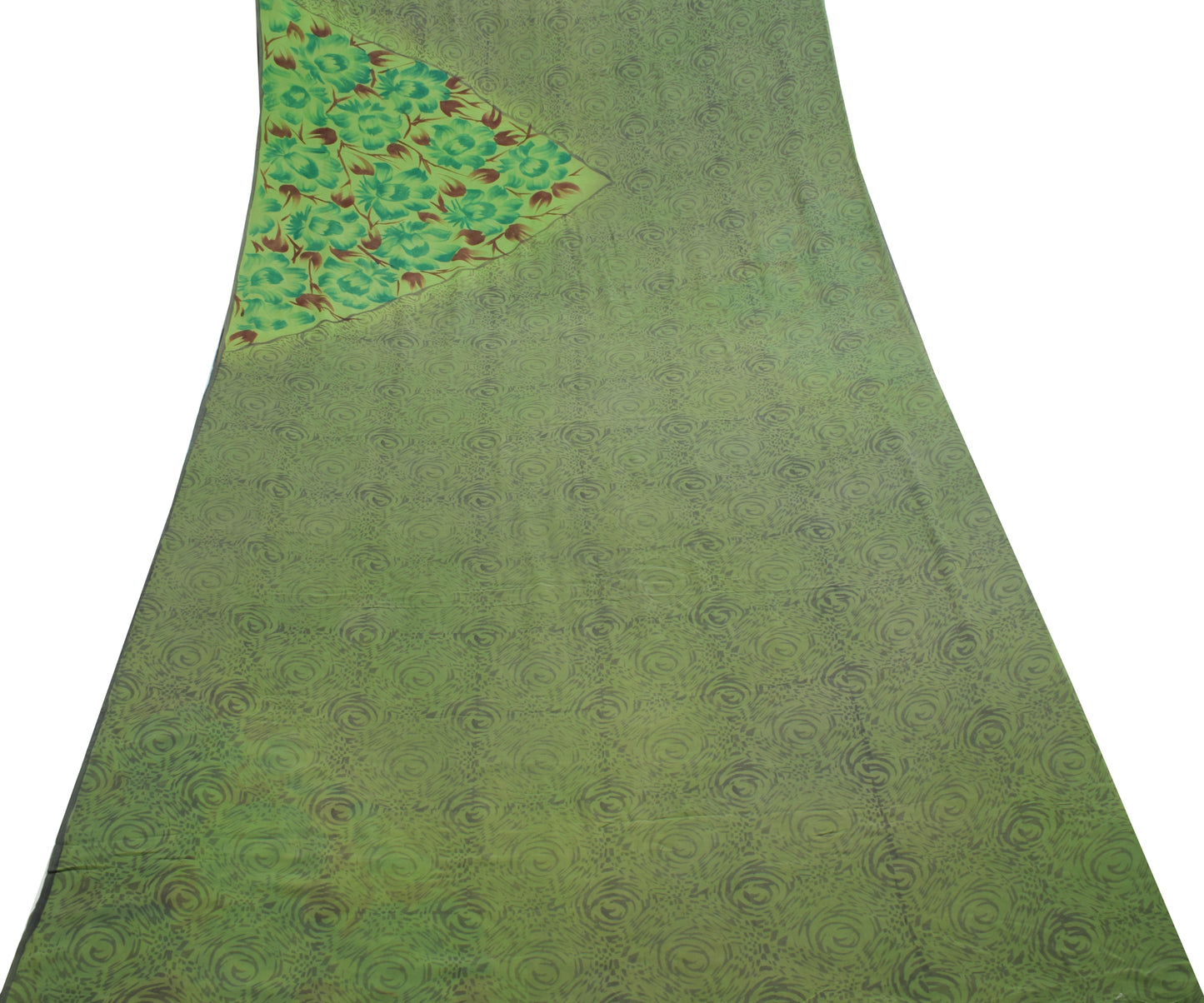 Sushila Vintage Saree 100% Pure Georgette Silk Printed Green Floral Craft Fabric