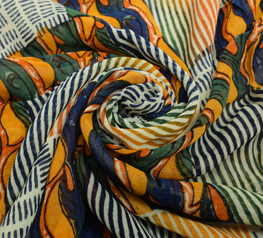 Sushila Vintage Saree Multi-Color 100% Pure Georgette Silk Printed Craft Fabric