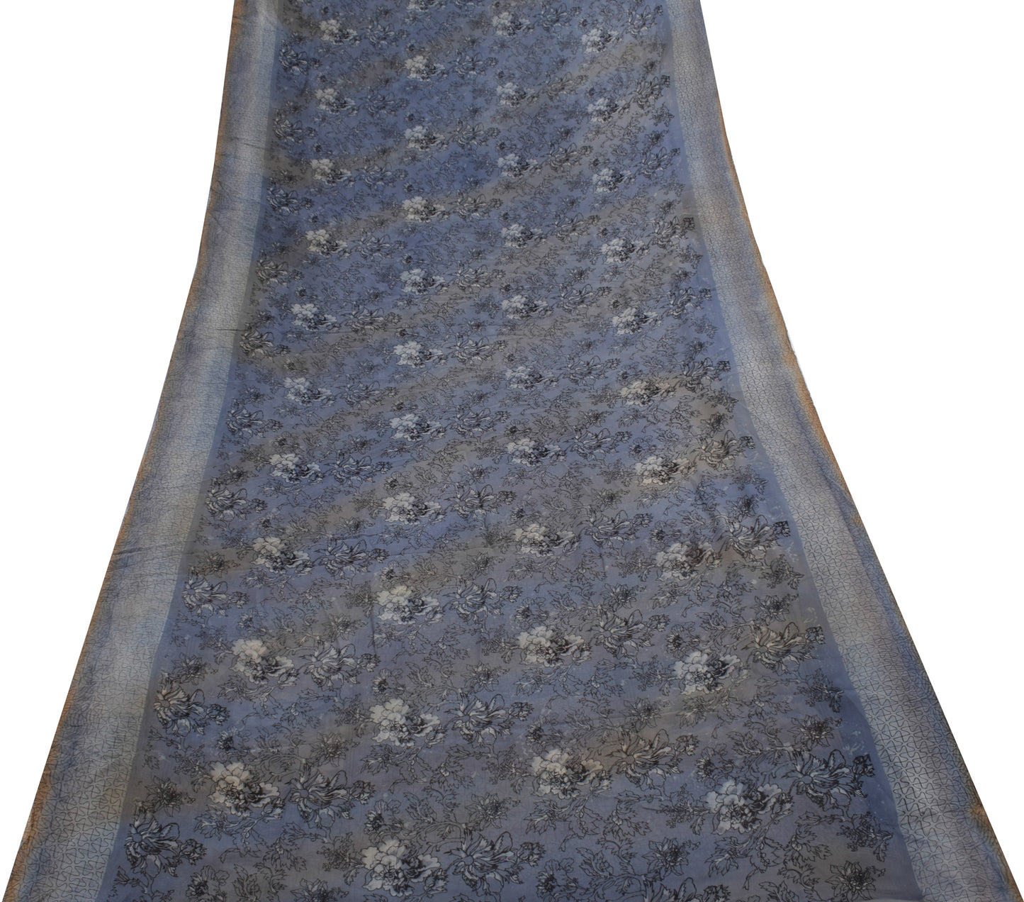 Sushila Vintage Gray Saree 100% Pure Georgette Silk Printed Floral Craft Fabric