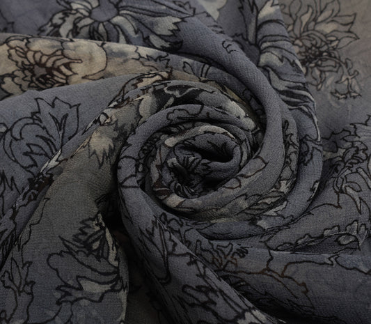 Sushila Vintage Gray Saree 100% Pure Georgette Silk Printed Floral Craft Fabric