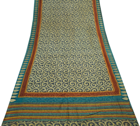 Sushila Vintage Blue Saree 100% Pure Georgette Silk Printed Floral Craft Fabric