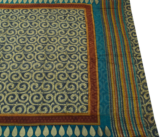 Sushila Vintage Blue Saree 100% Pure Georgette Silk Printed Floral Craft Fabric