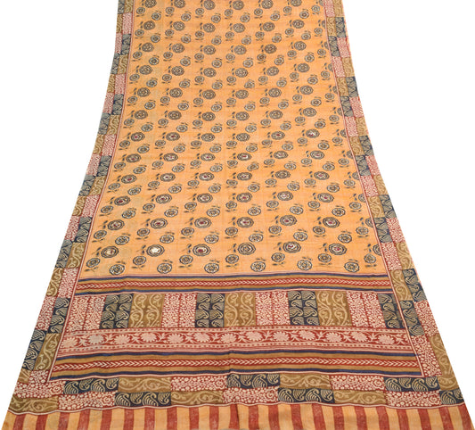 Sushila Vintage Peach Saree 100% Pure Georgette Silk Printed Craft Floral Fabric