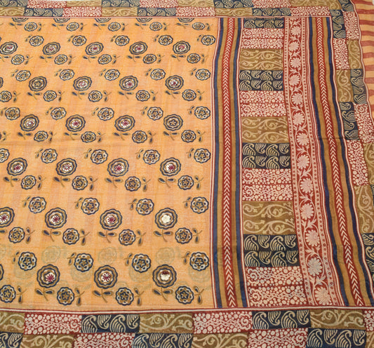 Sushila Vintage Peach Saree 100% Pure Georgette Silk Printed Craft Floral Fabric