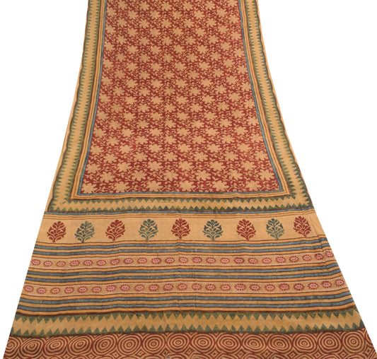 Sushila Vintage Saree 100%Pure Georgette Silk Printed Maroon Floral Craft Fabric