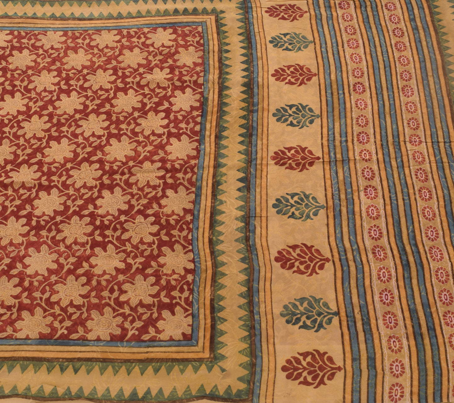 Sushila Vintage Saree 100%Pure Georgette Silk Printed Maroon Floral Craft Fabric