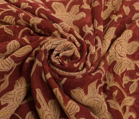 Sushila Vintage Saree 100%Pure Georgette Silk Printed Maroon Floral Craft Fabric
