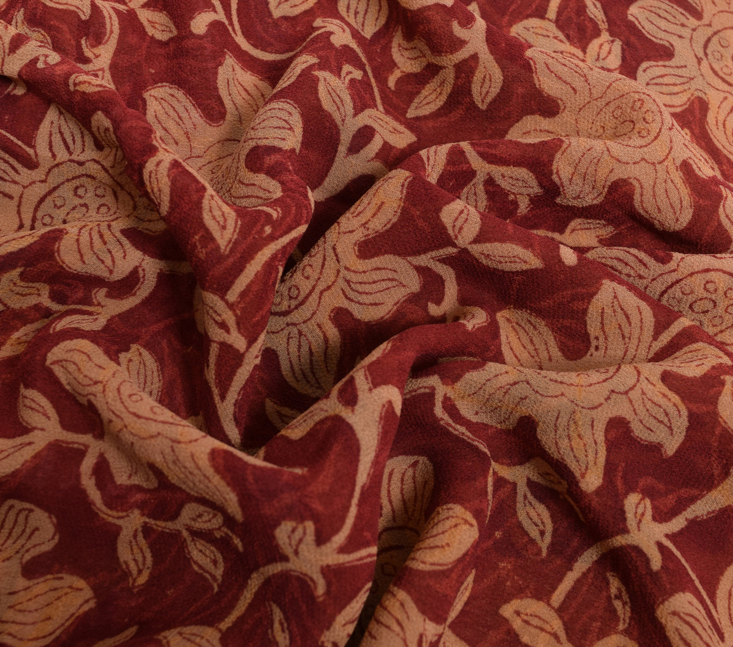 Sushila Vintage Saree 100%Pure Georgette Silk Printed Maroon Floral Craft Fabric