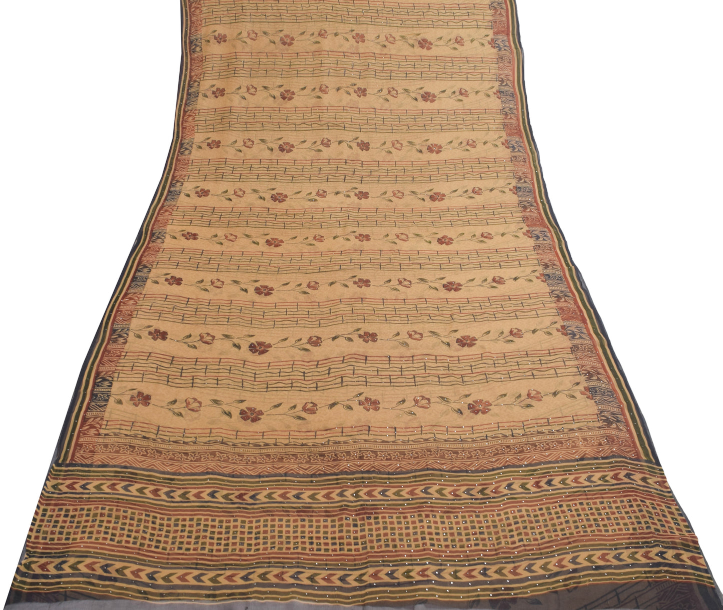 Sushila Vintage Brown Mukesh Work Saree Pure Georgette Silk Printed Craft Fabric