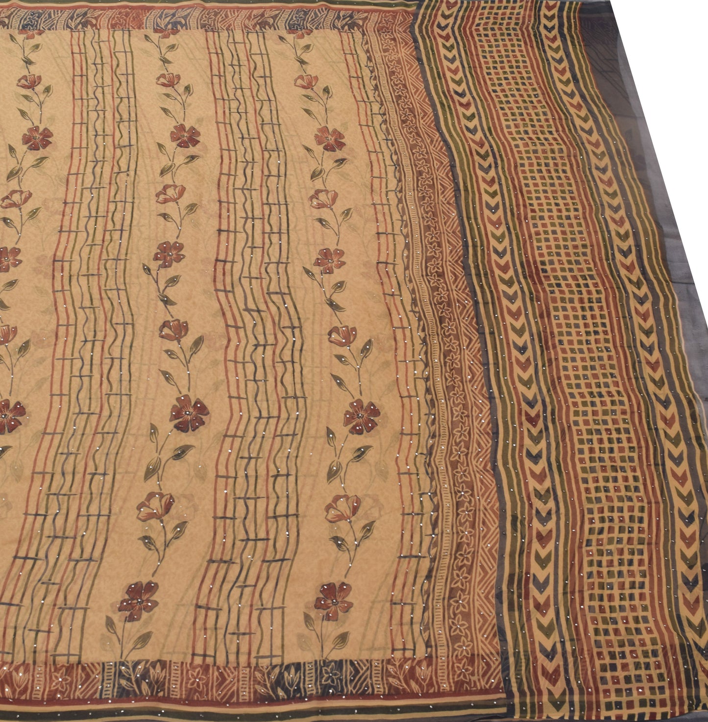 Sushila Vintage Brown Mukesh Work Saree Pure Georgette Silk Printed Craft Fabric