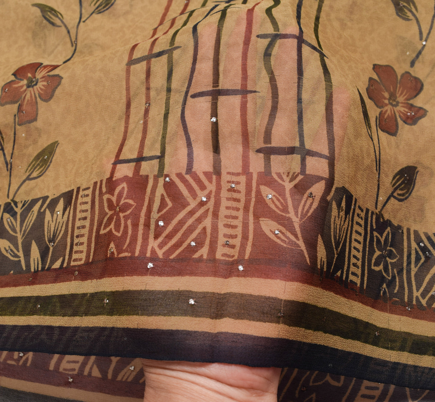 Sushila Vintage Brown Mukesh Work Saree Pure Georgette Silk Printed Craft Fabric