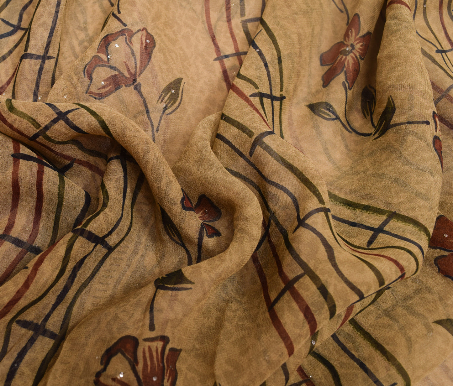 Sushila Vintage Brown Mukesh Work Saree Pure Georgette Silk Printed Craft Fabric