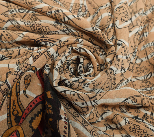 Sushila Vintage Brown Saree 100%Pure Georgette Silk Paisley Printed Craft Fabric