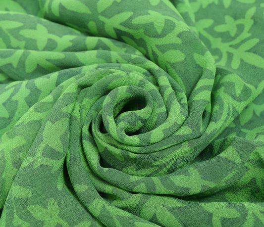 Sushila Vintage Saree 100% Pure Georgette Silk Green Floral Printed Craft Fabric