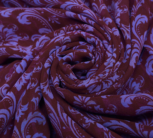Sushila Vintage Saree 100%Pure Georgette Silk Printed Maroon Floral Craft Fabric