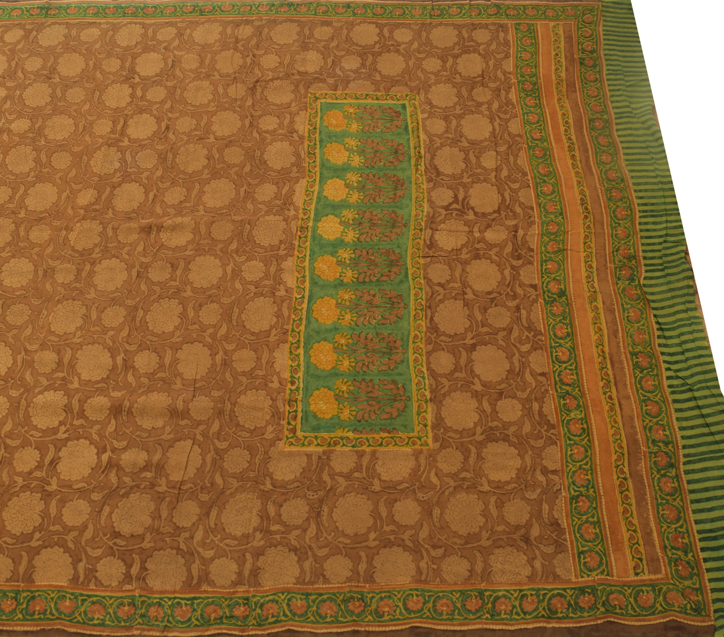Sushila Vintage Saree 100% Pure Georgette Silk Printed Brown Floral Craft Fabric